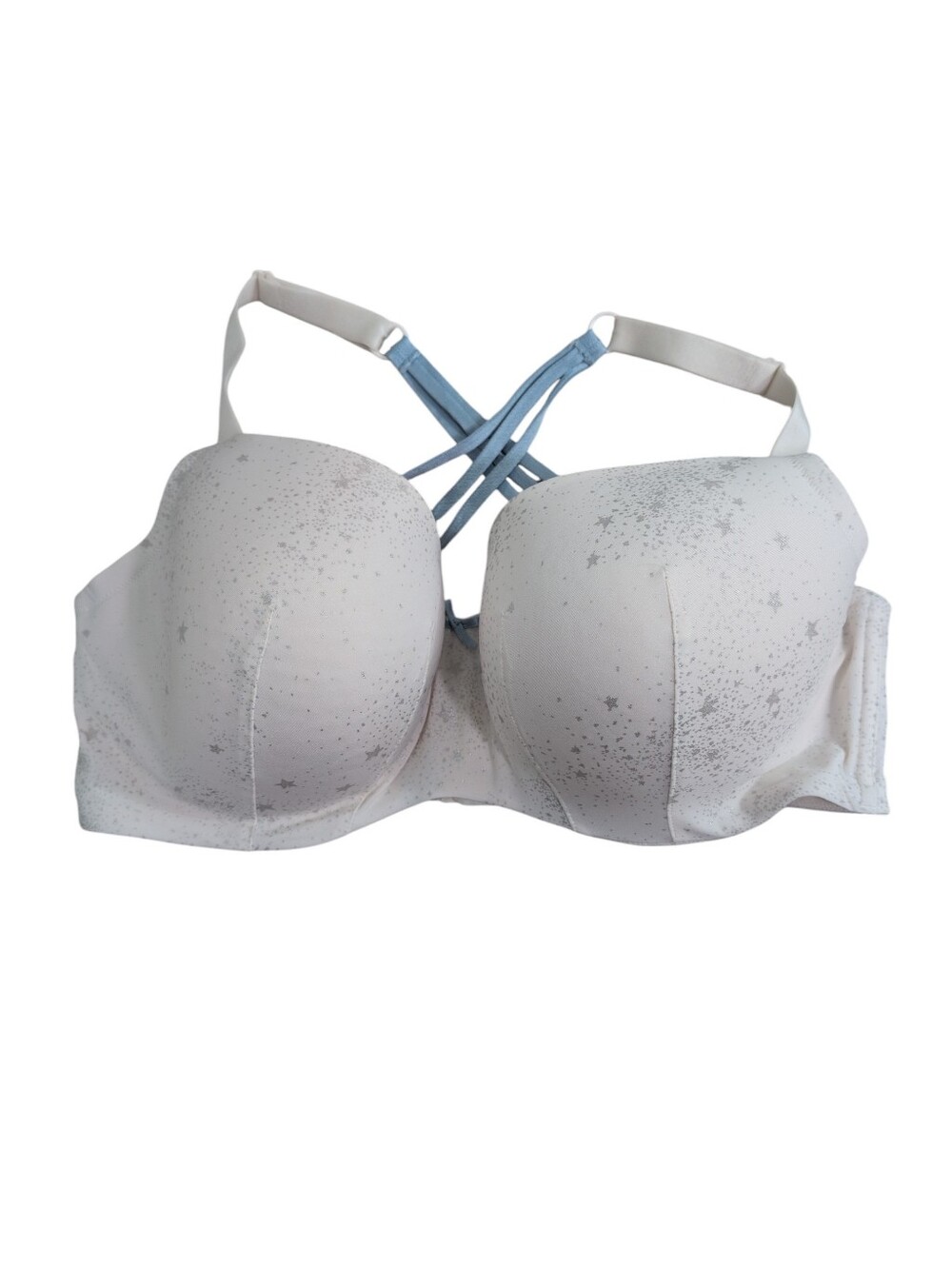 Cacique Bra, Lightly Lined Balconette, Fun Back Straps, Stars, Sz 40DDD, White